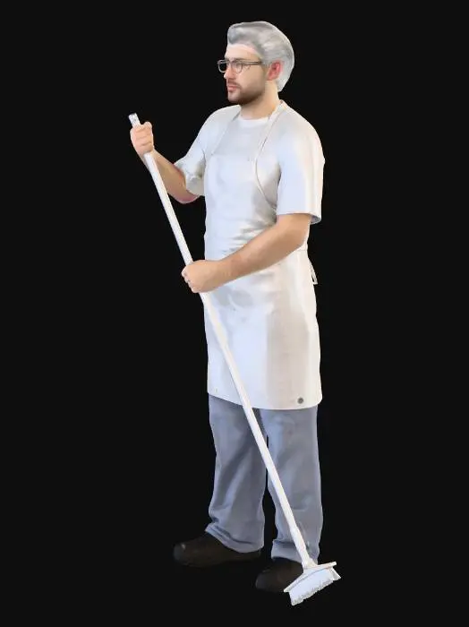 3D model for agent d'entretien avec charlotte sur la tête tenant un ballait
