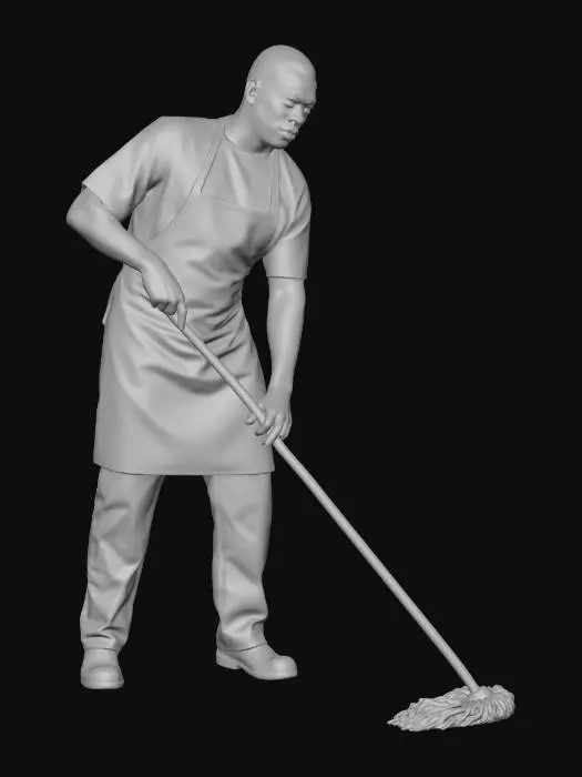 3D model for propose moi d'autre agent d'entretien du même type même vêtement (haut blanc, pantalon gris ou bleu et charlotte sur la tête) que les référence , homme ou femme de guyanne française, dans différente situation toujours détouré