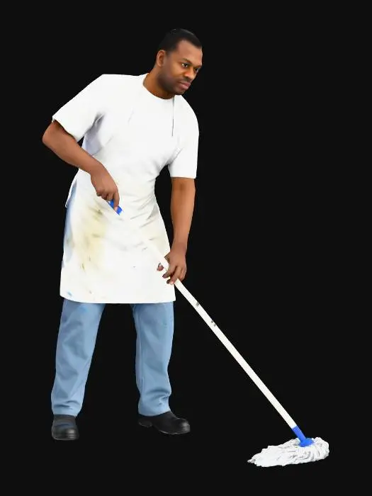 3D model for propose moi d'autre agent d'entretien du même type même vêtement (haut blanc, pantalon gris ou bleu et charlotte sur la tête) que les référence , homme ou femme de guyanne française, dans différente situation toujours détouré