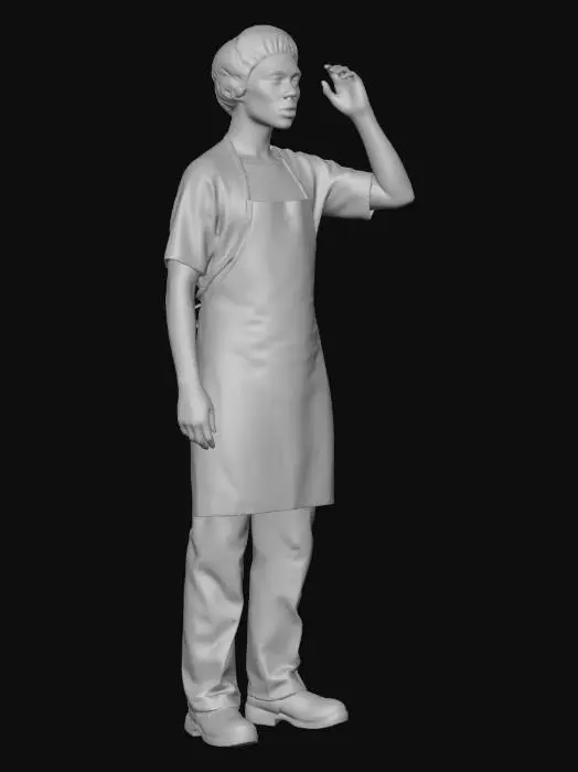 3D model for propose moi d'autre agent d'entretien du même type même vêtement (haut blanc, pantalon gris ou bleu et charlotte sur la tête) que les référence , homme ou femme de guyanne française, dans différente situation toujours détouré