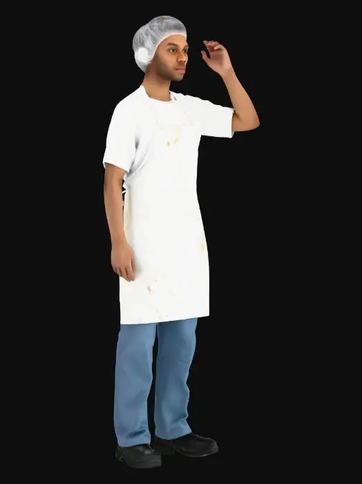 3D model for propose moi d'autre agent d'entretien du même type même vêtement (haut blanc, pantalon gris ou bleu et charlotte sur la tête) que les référence , homme ou femme de guyanne française, dans différente situation toujours détouré