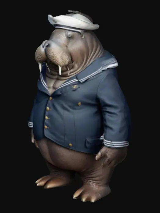 3D model for a hyper realistic humanoid walrus, dressed as a sailor, T - POSE very detailed outfit, perfect geometry 