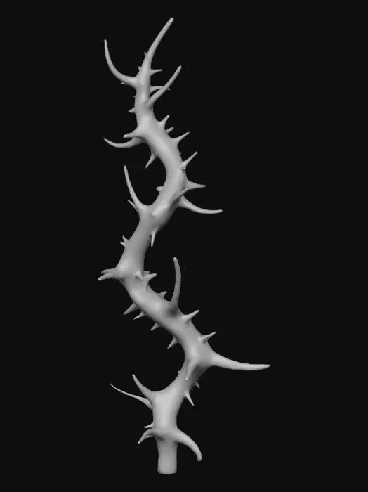 3D model for Game-ready, low-poly thorny vine model for a video game. Dark brown, twisted organic texture with sharp, protruding black thorns. The model should be modular with multiple segments (straight, curved, spiral) for easy animation and placement. Stylized realism, suitable for a fantasy action game. The thorns should be visibly sharp and dangerous.