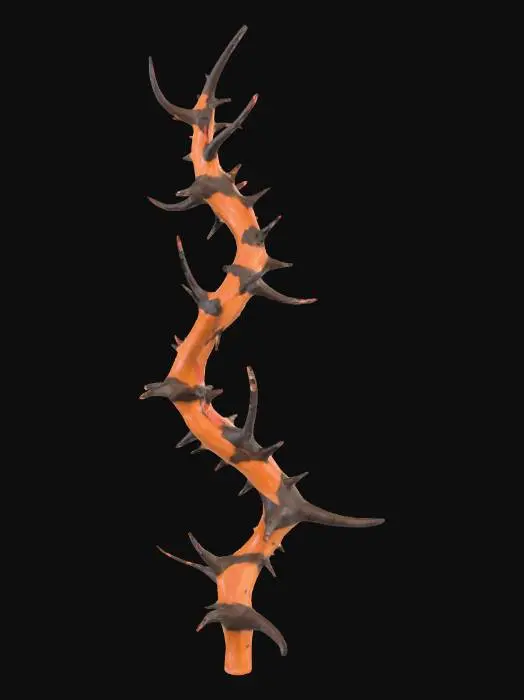 3D model for Game-ready, low-poly thorny vine model for a video game. Dark brown, twisted organic texture with sharp, protruding black thorns. The model should be modular with multiple segments (straight, curved, spiral) for easy animation and placement. Stylized realism, suitable for a fantasy action game. The thorns should be visibly sharp and dangerous.