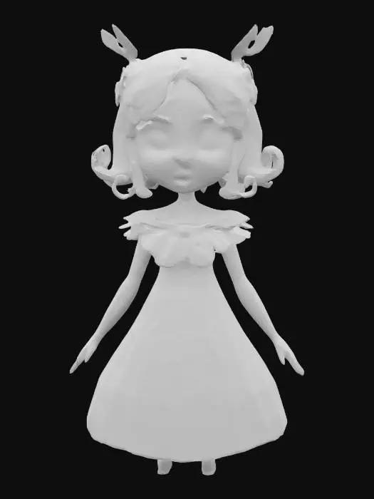 3D model for high poly full body standing in A-pose, youthful, enchanting fantasy female avatar with short, wavy green hair adorned with delicate, ethereal floral ornaments, giving her a whimsical, fairy-like quality. Large, cartoon expressive eyes are vibrant blue, face with warm, inviting smile of  innocence.  Wearing red and green off-shoulder flowing magical wraparound Roman dress, intricately border embroidered with golden floral patterns.