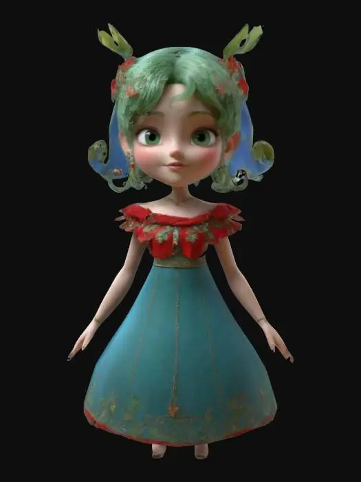 3D model for high poly full body standing in A-pose, youthful, enchanting fantasy female avatar with short, wavy green hair adorned with delicate, ethereal floral ornaments, giving her a whimsical, fairy-like quality. Large, cartoon expressive eyes are vibrant blue, face with warm, inviting smile of  innocence.  Wearing red and green off-shoulder flowing magical wraparound Roman dress, intricately border embroidered with golden floral patterns.