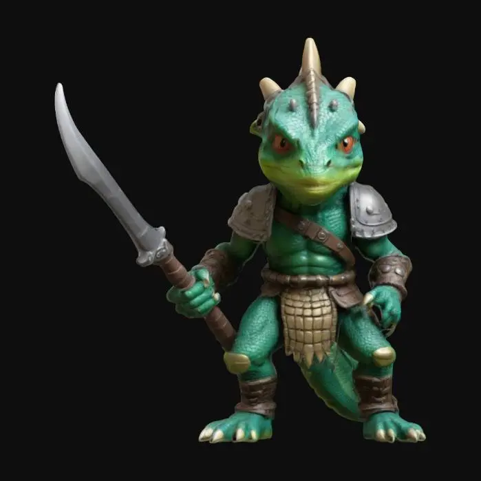 3D model for lizardmen warrior like from warhhamer 40.000, medieval, clash of clans style, big head like as funko pop figures, game asset