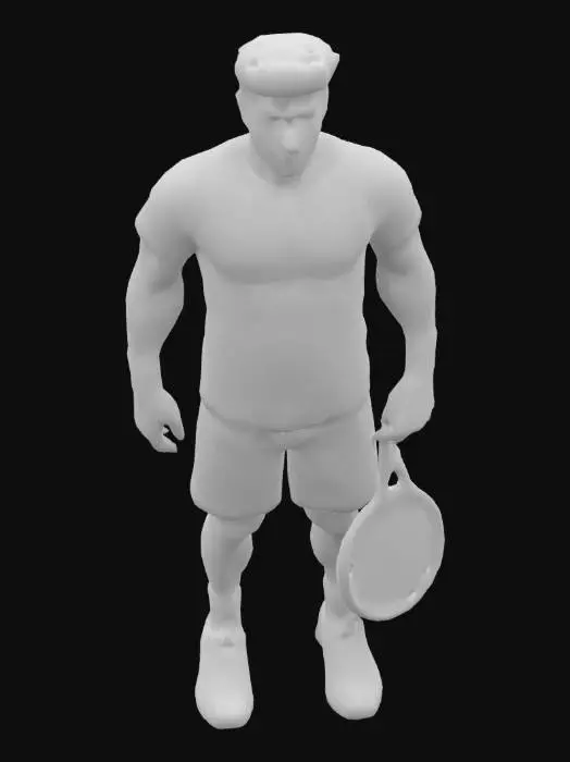 3D model for pictures of male tennis players standing upright with his racket facing downward. Make the racket look better and let it not rest on the body of the player.
