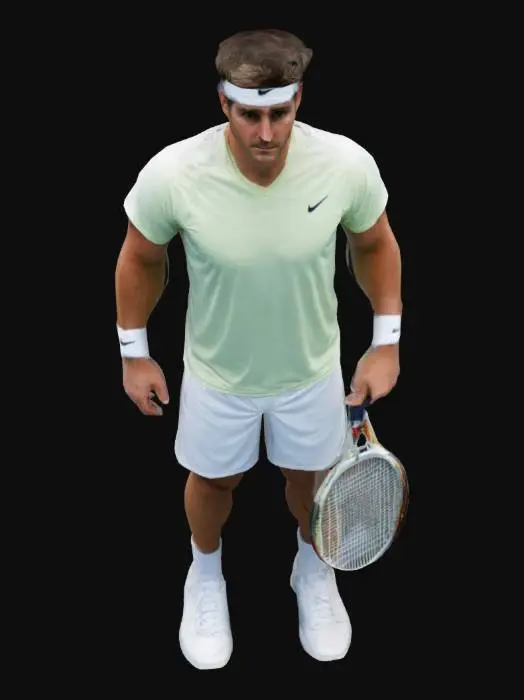 3D model for pictures of male tennis players standing upright with his racket facing downward. Make the racket look better and let it not rest on the body of the player.

