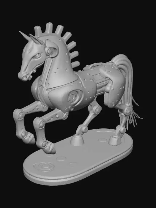 3D model for Create a robotic horse knight chess piece with a futuristic biomechanical design. Stylized mechanical horse head and upper torso, angular armor plating, exposed gears and rotating joints at the neck and shoulders. Chrome and brushed steel materials with glowing blue energy nodes in the eyes and chest. Dynamic forward-leaning posture suggesting motion and agility. Mounted on a round chess base scaled to fit within a square board cell. High-detail sci-fi hard-surface model, symmetrical, realistic metal shading.