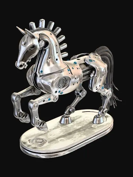 3D model for Create a robotic horse knight chess piece with a futuristic biomechanical design. Stylized mechanical horse head and upper torso, angular armor plating, exposed gears and rotating joints at the neck and shoulders. Chrome and brushed steel materials with glowing blue energy nodes in the eyes and chest. Dynamic forward-leaning posture suggesting motion and agility. Mounted on a round chess base scaled to fit within a square board cell. High-detail sci-fi hard-surface model, symmetrical, realistic metal shading.