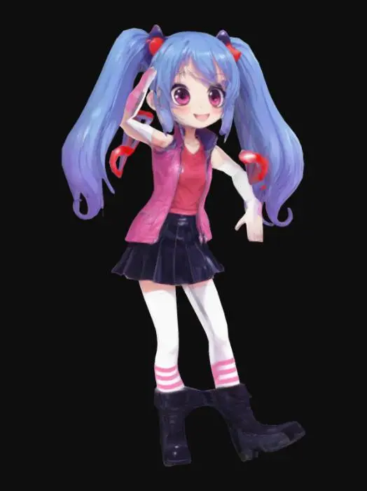 3D model for A cute anime girl, long blue hair with purple shade at the end, wearing her hair in long pigtails, wearing a cute pink top that has a red heart and wearing a red sleeveless shiny leather jacket and a black skirt above knee length, black long boots and knee length white socks, cheeky personality, big eyes, smiling and winking, 2000s anime style, 4k