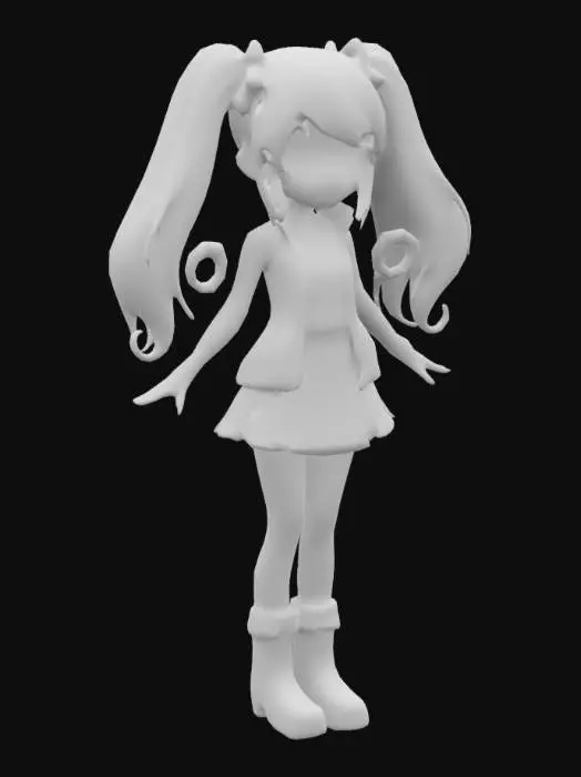 3D model for A cute anime girl, long blue hair with purple shade at the end, wearing her hair in long pigtails, wearing a cute pink top that has a red heart and wearing a red sleeveless shiny leather jacket and a black skirt above knee length, black long boots and knee length white socks, cheeky personality, big eyes, smiling and winking, 2000s anime style, 4k