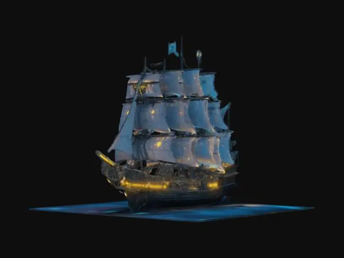 3D model for a 100-meter long pirate frigate with an anthropomorphic cub crew. even the captain is a lion cub. frostpunk, biopunk, RGB gold and white neon lights for New-Year.