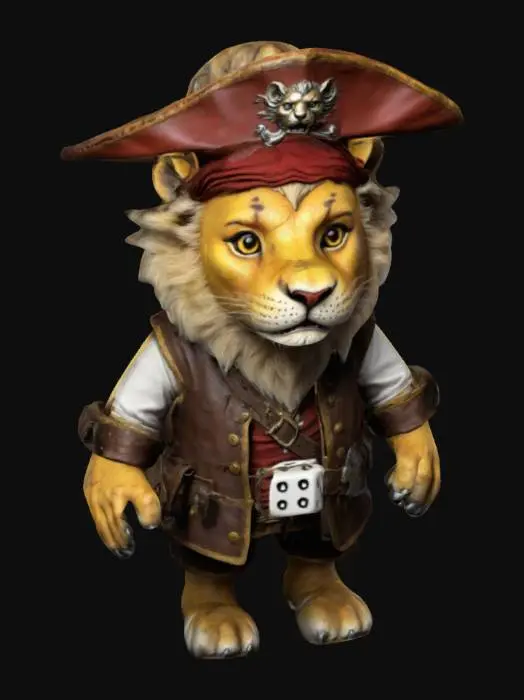 3D model for A 2-meter tall life-size  set of rpg game dice with an #anthropomorphic# lion  cub theme. computerized controlling LED display. NSFW boy cub pirate-ship captain. digitally enhanced. game asset,