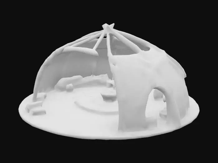 3D model for primitive Neandertaler Hütte, prähistorische Behausung, Mammut Knochen und Stoßzähne Rahmenstruktur, Tierhaut Bedeckung, Felldecken, Steinzeit Unterschlupf, kreisförmige Kuppelform, Holzäste Gerüst, Schlamm und Lehm Wände, kleine Rauchloch oben, Steinkreis Feuerstelle Eingang, grob behauene Baumstämme, natürliche Materialien, paläolithische Architektur, Eiszeit Behausung, Low Poly Game Asset, texturiert, 4k, PBR Materialien