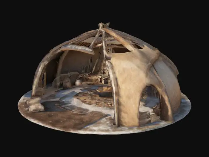 3D model for primitive Neandertaler Hütte, prähistorische Behausung, Mammut Knochen und Stoßzähne Rahmenstruktur, Tierhaut Bedeckung, Felldecken, Steinzeit Unterschlupf, kreisförmige Kuppelform, Holzäste Gerüst, Schlamm und Lehm Wände, kleine Rauchloch oben, Steinkreis Feuerstelle Eingang, grob behauene Baumstämme, natürliche Materialien, paläolithische Architektur, Eiszeit Behausung, Low Poly Game Asset, texturiert, 4k, PBR Materialien