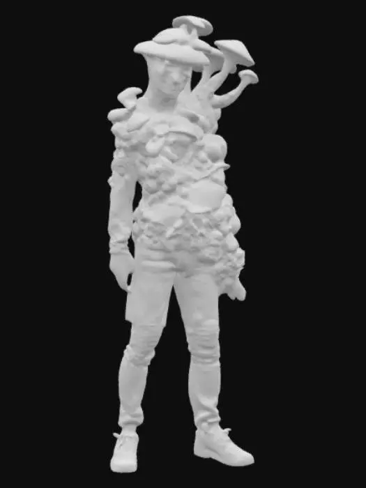 3D model for um humano compido por fungos, pos-apocalipes, com roupas ragadas e sujas