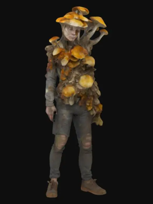 3D model for um humano compido por fungos, pos-apocalipes, com roupas ragadas e sujas