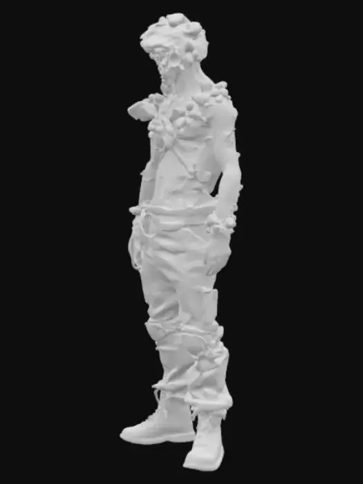 3D model for um humano compido por fungos, pos-apocalipes, com roupas ragadas e sujas