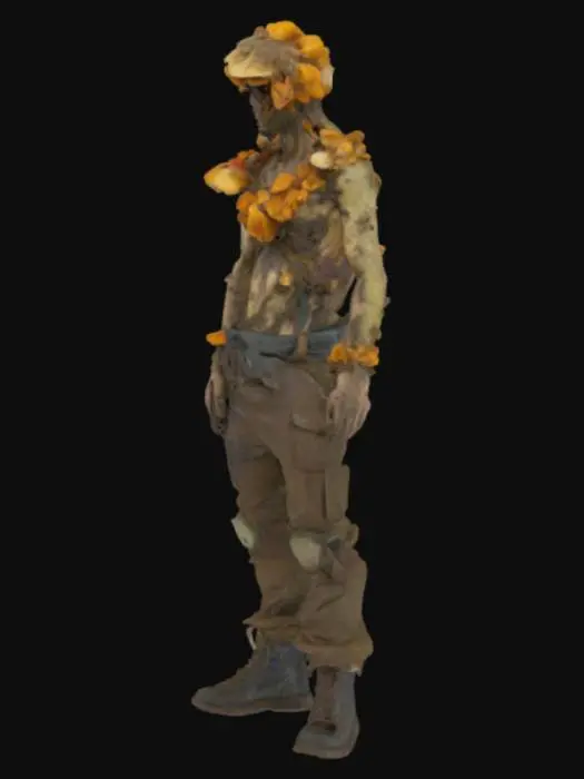 3D model for um humano compido por fungos, pos-apocalipes, com roupas ragadas e sujas