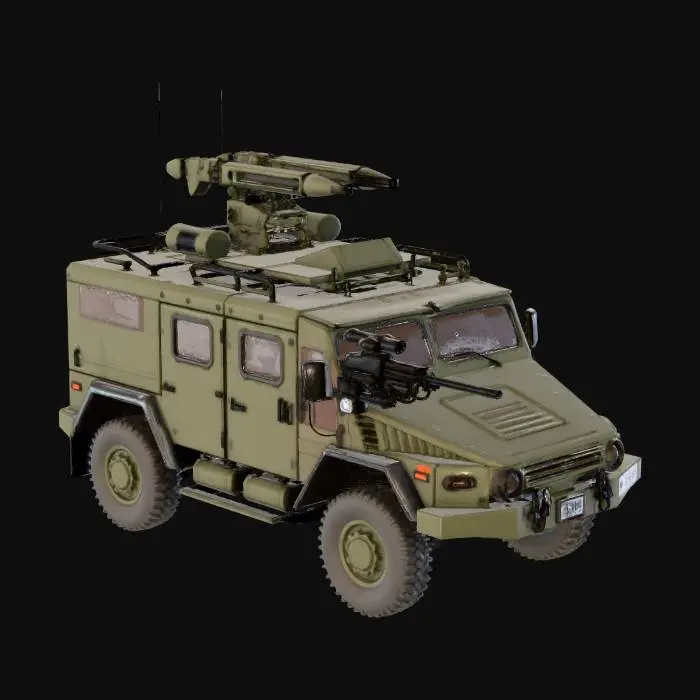 3D model for una caravana con una ametralladora en la puerta izquierda un lanzamisiles arriba y blindaje clandestino