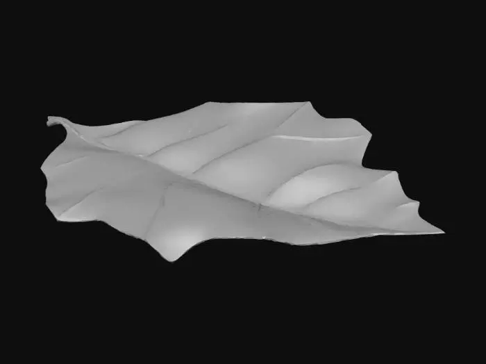 3D model for Stylized autumn leaf, low poly but with smooth curves. Rich warm colors, thick veins, whimsical hand-painted texture. Simple organic silhouette, vibrant fall aesthetic, clean geometry.