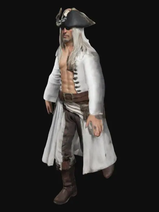 3D model for pirate with white long hair hanging down in a T-pose with high detail