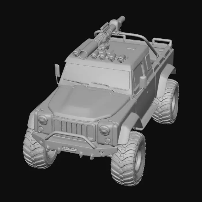 3D model for create a model of a car with a attached gun the car is like a small truck with horns in front of it and it has big wheels the car colour is dark green and the attached gun's colour is matt black