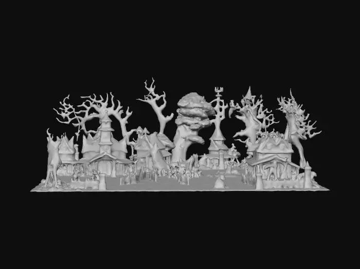 3D model for The object is a haunting landscape featuring sharply peaked, asymmetrical haunted houses with glowing windows, surrounded by gnarled trees and eerie figures on a textured cobblestone path under a blood-red sky.