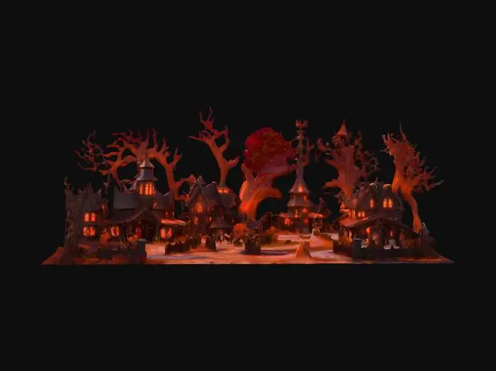 3D model for The object is a haunting landscape featuring sharply peaked, asymmetrical haunted houses with glowing windows, surrounded by gnarled trees and eerie figures on a textured cobblestone path under a blood-red sky.