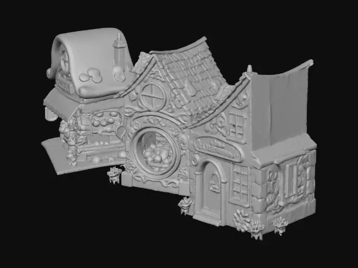 3D model for The image depicts a series of whimsical quaint, stylized shop facades with distinct architectural features, such as pitched or curved roofs, arched doorways, and textured surfaces adorned with thematic elements like flowers, antiques, and playful decor.,