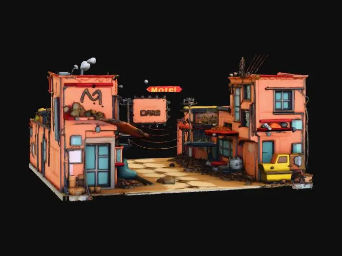 3D model for A vibrant, highly detailed  scene in the cel-shaded style of Borderlands 2 game. The scene depicts  post-apocalyptic town, bathed in bright, warm,  lighting. The town is built from salvaged scrap metal, rusted wood, and mismatched debris. On the center left, a cylindrical building marked “Motel” stands prominently, featuring a bold red sign with a stylized pair of lips logo. To the right, the iconic “Cars” car garage sports a yellow sign with a cartoonish vehicle and an antenna on top. In the background, a massive “Guns” weapons factory looms above the skyline, with  industrial architecture towering over the cluttered buildings. Background structures are crooked, multi-storied, and topped with satellite dishes, tangled power lines, and ridiculous add-ons. Ultra high detail, sharp focus.