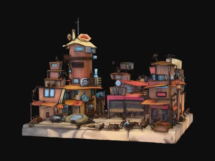 3D model for A vibrant, highly detailed  scene in the cel-shaded style of Borderlands 2 game. The scene depicts  post-apocalyptic town, bathed in bright, warm,  lighting. The town is built from salvaged scrap metal, rusted wood, and mismatched debris. On the center left, a cylindrical building marked “Motel” stands prominently, featuring a bold red sign with a stylized pair of lips logo. To the right, the iconic “Cars” car garage sports a yellow sign with a cartoonish vehicle and an antenna on top. In the background, a massive “Guns” weapons factory looms above the skyline, with  industrial architecture towering over the cluttered buildings with open doors and empty interiors.  Houses are crooked, multi-storied, empty,  topped with   ridiculous add-ons. Ultra high detail, sharp focus.