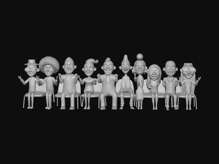3D model for Row of 10 cartoon people facing front, sitting in a stadium, hyper, realistic features, colorful clothes