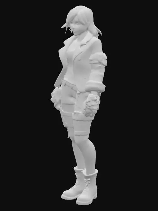 3D model for A highly detailed full-figure digital painting of a beautiful and attractive young female character in the style of Borderlands 2, with thick black outlines, cel-shaded textures, exaggerated facial features, gritty details, and a comic-book appearance. The character should be visible from head to toe. She should have a vibrant but muted color palette, with bold highlights and a rugged, post-apocalyptic look. The background should also be post-apocalyptic, complementing the character's figure