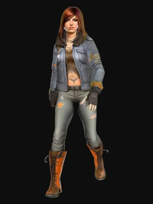 3D model for A highly detailed full-outfit digital painting of a beautiful and attractive young female character in the style of Borderlands 2, with thick black outlines, cel-shaded textures, exaggerated facial features, gritty details, and a comic-book appearance. The character should be visible from head to toe. She should have a vibrant but muted color palette, with bold highlights and a rugged, post-apocalyptic look. The background should also be post-apocalyptic, complementing the character's figure
