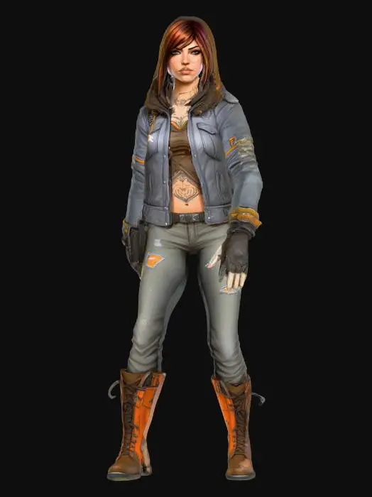 3D model for A highly detailed full-outfit digital painting of a beautiful and attractive young female character in the style of Borderlands 2, with thick black outlines, cel-shaded textures, exaggerated facial features, gritty details, and a comic-book appearance. The character should be visible from head to toe. She should have a vibrant but muted color palette, with bold highlights and a rugged, post-apocalyptic look. The background should also be post-apocalyptic, complementing the character's figure
