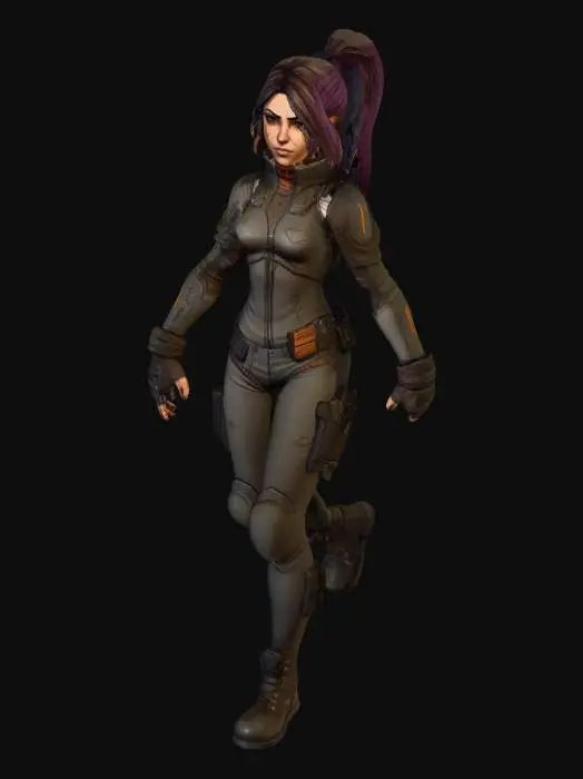 3D model for Detailed fully visible  image of an attractive young female character. Full view character visible from head to toes,  in style of Borderlands 2 . Thick black outlines, cel-shaded textures, exaggerated facial features, gritty details, and a comic-book appearance. Character should have a vibrant but muted color palette, with bold highlights and a rugged, post-apocalyptic look. Full body, front view. Fantasy militaristic uniform-like futuristic outfit.  