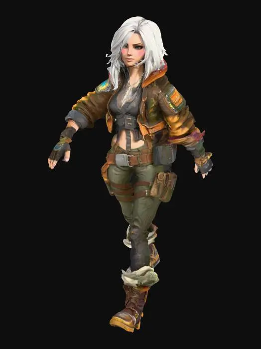 3D model for A highly crisp  detailed full-body painting of a beautiful and attractive young female character in the style of Borderlands 2, with thick black outlines, cel-shaded textures. She should have a vibrant but muted color palette, with bold highlights and a rugged, post-apocalyptic look.  Dressed in a ragged  fantasy multicolor military style jacket , heavy boots, leather pants. Character in a T Pse