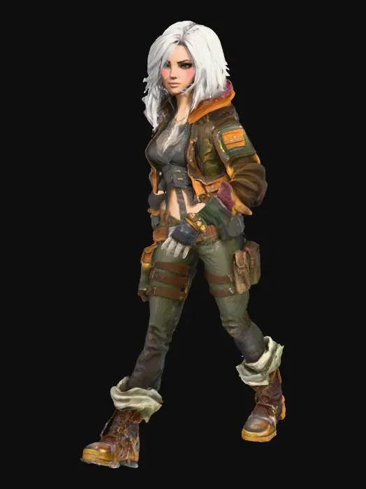 3D model for A highly crisp  detailed full-body painting of a beautiful and attractive young female character in the style of Borderlands 2, with thick black outlines, cel-shaded textures. She should have a vibrant but muted color palette, with bold highlights and a rugged, post-apocalyptic look.  Dressed in a ragged  fantasy multicolor military style jacket , heavy boots, leather pants. Character in a T Pse