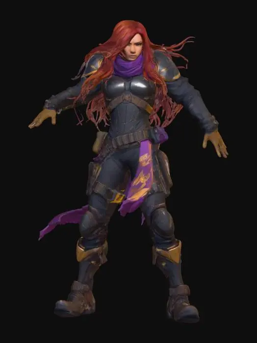 3D model for Beautiful female, with the long red hair,  colorful scarf, dressed in a futuristic, militaristic looking jacket, leather pants, exaggerated leather boots, full body visible from head to toes, post apocalyptic, cel shaded, graphic novel look, thick dark outlines, vibrant contrasting color palette, hand, drawn, texture look, exaggerated facial features, detailed, arms stretched, every finger visible. Character in a T Pse