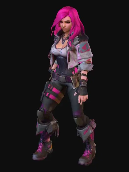 3D model for The object is a character with a stylized, athletic figure clad in form-fitting, textured clothing featuring metallic accents and accessories, set against a vibrant color palette with detailed fabric textures. A ultra-detailed full-body of an attractive young female character in the style of Borderlands 2, with thick black outlines, cel-shaded textures. She should have a vibrant but muted color palette, with bold highlights and a rugged, post-apocalyptic look. Character is facing front end, is in an A pose