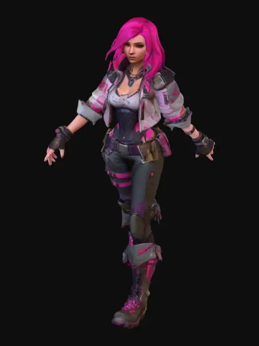 3D model for The object is a character with a stylized, athletic figure clad in form-fitting, textured clothing featuring metallic accents and accessories, set against a vibrant color palette with detailed fabric textures. A ultra-detailed full-body of an attractive young female character in the style of Borderlands 2, with thick black outlines, cel-shaded textures. She should have a vibrant but muted color palette, with bold highlights and a rugged, post-apocalyptic look. Character is facing front end, is in an A pose