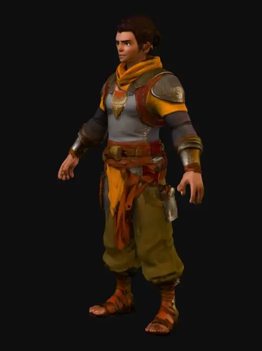 3D model for Detailed fully dressed painting of an attractive young male character. Full view character visible from head to toes,  in style of Borderlands 2  with thick black outlines, cel-shaded textures, exaggerated facial features, gritty details, and a comic-book appearance. She should have a vibrant but muted color palette, with bold highlights and a rugged, post-apocalyptic look. Full body, front view. Fantasy uniform-like futuristic outfit.  No dress. 
Character in a T Pose.