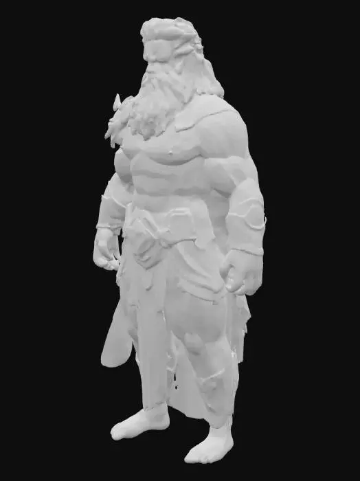 3D model for A highly detailed full-body, front view painting of a Greek god Zeus. The character should be visible from head to toe. The style of Borderlands 2 game, with thick black outlines, cel-shaded textures, exaggerated facial features, gritty details, and a comic-book appearance. He should have a vibrant but muted color palette, with bold highlights and a celestial but rugged, look. The background should be transparent.
