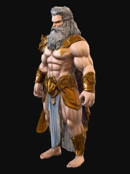 3D model for A highly detailed full-body, front view painting of a Greek god Zeus. The character should be visible from head to toe. The style of Borderlands 2 game, with thick black outlines, cel-shaded textures, exaggerated facial features, gritty details, and a comic-book appearance. He should have a vibrant but muted color palette, with bold highlights and a celestial but rugged, look. The background should be transparent.