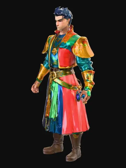 3D model for A highly detailed of a beautiful and attractive young male character in the style of Borderlands 2, with thick black outlines, cel-shaded textures, exaggerated facial features, gritty details, and a comic-book appearance. The character should be visible from head to toe. He should have a vibrant colorful color palette, with bold highlights and a rugged medieval and Renaissance look.  The character's in a T-pose.