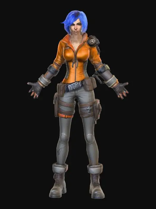 3D model for A highly detailed full-body, front view a beautiful and attractive young female character. The character should be visible from head to toe. The style of Borderlands 2 game, with thick black outlines, cel-shaded textures, exaggerated facial features, gritty details, and a comic-book appearance. The character should be visible from head to toe. She should have a vibrant but muted color palette, with bold highlights and a rugged, post-apocalyptic look. 