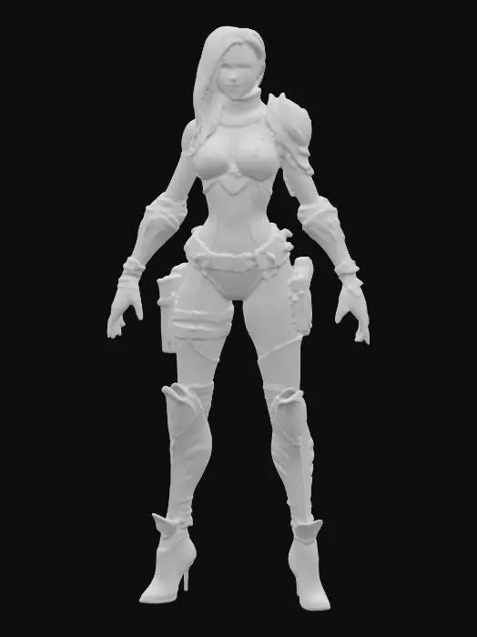 3D model for A highly detailed full-body, front view a beautiful and attractive young female character. The character should be visible from head to toe. The style of Borderlands 2 game, with thick black outlines, cel-shaded textures, exaggerated facial features, gritty details, and a comic-book appearance. The character should be visible from head to toe. She should have a vibrant but muted color palette, with bold highlights and a rugged, post-apocalyptic look. 